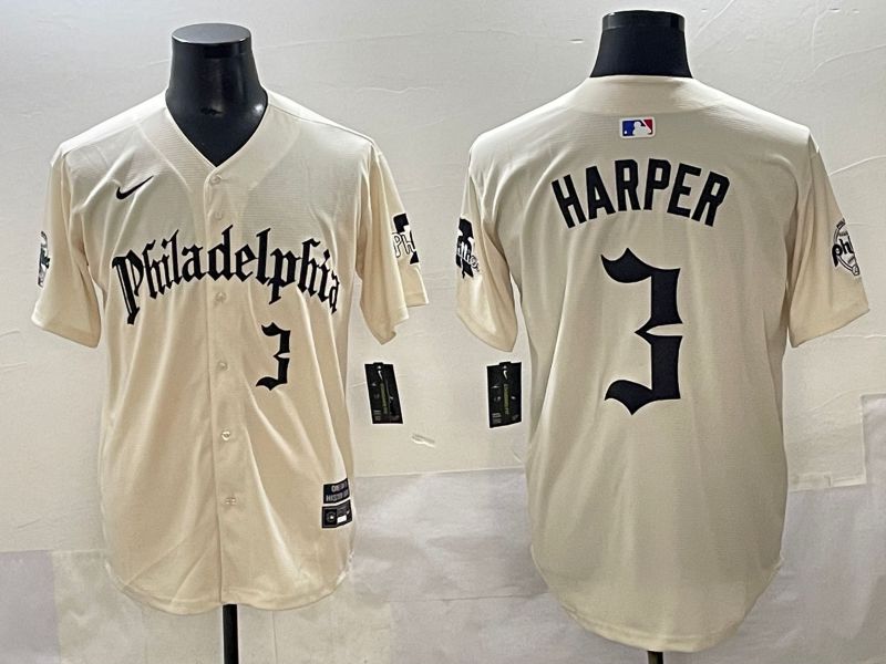 Men 2025 Philadelphia Phillies #3 Harper Cream Five generations Joint Name Nike MLB Jersey style 3
